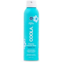 Turquoise Coola SPF 50 body spray bottle, white cap, floral design, 177 ml, labeled "Classic Sunscreen Spray Unscented."