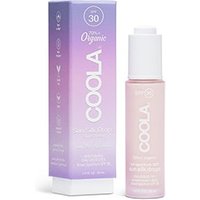 Pink Coola SPF 30 face emulsion bottle with white cap, next to purple gradient box with white text.