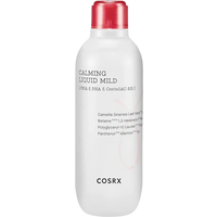 White COSRX bottle with red cap, labeled "Calming Liquid Mild," featuring sleek design and minimalist text.