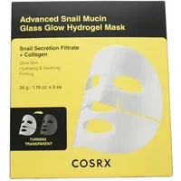 CosRx snail mucin hydrogel face mask box, black and yellow design with mask image and product details.