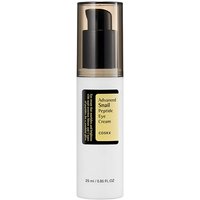 White Cosrx eye cream bottle with black pump and clear cap, yellow label detailing "Advanced Snail Peptide Eye Cream."