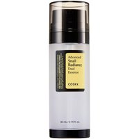 COSRX Advanced Snail Radiance Dual Essence, 80ml, in a sleek white bottle with black pump and yellow label.