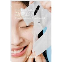 COSRX Hydrium Triple Hyaluronic Water Wave Sheet Mask, white packaging with smiling woman applying mask.