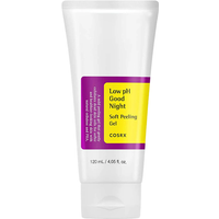 COSRX Low pH Good Night Soft Peeling Gel in white tube with yellow and purple label, 120ml.