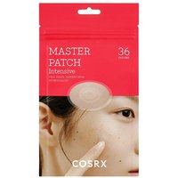 Red Cosrx Master Patch Intensive pack with 36 anti-blemish patches for oily skin, featuring a close-up of a woman's face.