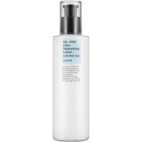 White Cosrx lotion bottle with black pump, blue label, and text "Oil Free Ultra Moisturizing Lotion with Birch Sap."