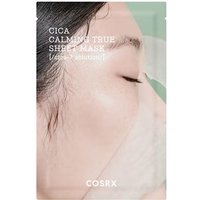 COSRX Pure Fit Cica Calming True Sheet Mask packaging with a serene face applying the mask, green and white design.