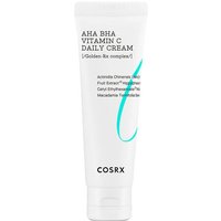 White tube of COSRX Refresh AHA/BHA Vitamin C Daily Cream with black text and turquoise swirl design.