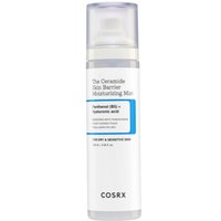 White Cosrx moisturizing mist bottle with blue label, clear cap, and text detailing ceramide and hyaluronic acid benefits.