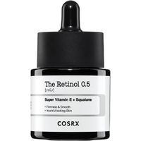 COSRX The Retinol 0.5 Oil 20ml in black bottle with dropper, white label, and bold black text.