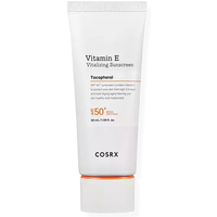 White COSRX Vitamin E Vitalizing Sunscreen SPF 50+ tube with orange accents, 50ml, sleek design.