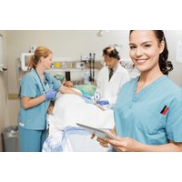 Online Nursing Assistant Diploma Course cover with smiling nurse holding tablet, patient in bed, and medical staff.