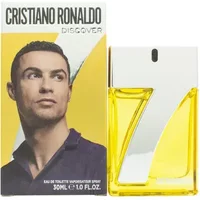 Cristiano Ronaldo Cr7 Discover Eau De Toilette 30ml with yellow bottle and silver cap, featuring Ronaldo's image on box.
