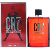 Red CR7 Eau De Toilette bottle with silver lettering, black cap, and matching red box featuring Cristiano Ronaldo image.