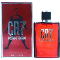 CR7 Eau De Toilette 50ml by Cristiano Ronaldo, red bottle with black cap, silver lettering, matching red box.