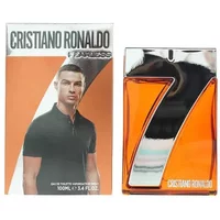 CR7 Fearless Eau De Toilette 100ml, orange bottle with silver "7", box featuring Cristiano Ronaldo image.