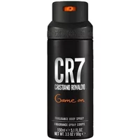 CR7 Game On body spray by Cristiano Ronaldo, black can with orange accents and bold white lettering, 150ml.