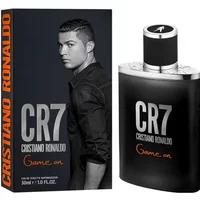 Black CR7 Game On Eau De Toilette 30ml bottle with silver cap, alongside box featuring Cristiano Ronaldo image.