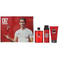 CR7 gift set with red 100ml EDT bottle, 150ml shower gel, and 150ml body spray, featuring Cristiano Ronaldo image.