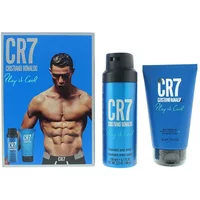 CR7 Play It Cool gift set with blue body spray can and shower gel tube, featuring Cristiano Ronaldo on the box.