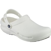 White Crocs Bistro Work Clog with slip-resistant sole, enclosed toe, and adjustable heel strap.