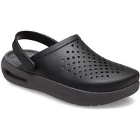 Black thermoplastic Crocs InMotion clogs with perforated upper and adjustable heel strap.