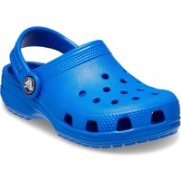 Blue Crocs toddler loafers with thermoplastic material, ventilation holes, and adjustable heel strap.