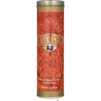Cylindrical red and gold Cuba Gold Eau de Toilette Spray 100ml with ornate logo and elegant packaging design.