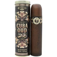 Cuba Oud For Men Eau De Toilette 100ml in a cigar-shaped brown bottle with ornate cylindrical packaging.
