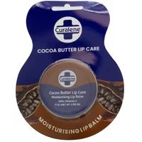 Curalene Cocoa Butter Lip Balm 17g in a round brown container on a blue and brown card with cocoa pod design.