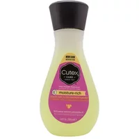 Cutex Moisture-Rich Nail Polish Remover 100ml in a teardrop-shaped bottle with a black cap and purple label.