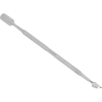 Silver cuticle pusher with textured grip and dual-ended design, featuring a flat pusher and a pointed cuticle cutter.