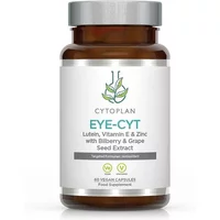 Brown bottle of Cytoplan Eye-CYT capsules with green logo, white label, and silver cap.