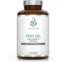 Cytoplan Fish Oil bottle, brown with white label, green logo, 120 capsules, high potency Omega 3 EPA/DHA.