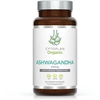 Cytoplan Organic Ashwagandha Capsules in a brown bottle with white label and green text, 60 capsules.