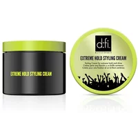 Black jar with lime green lid, labeled "D:Fi Extreme Hold Styling Cream," featuring bold text and party graphic.