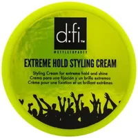 D:Fi Extreme Hold Styling Cream 75g in a bright yellow-green round container with black text and silhouette design.