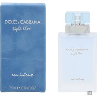 Dolce & Gabbana Light Blue Eau Intense perfume, 25ml, frosted glass bottle with light blue cap, next to blue box.