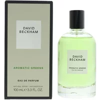 David Beckham Aromatic Greens Eau De Parfum 100ml, clear bottle with green liquid, black cap, matching box.