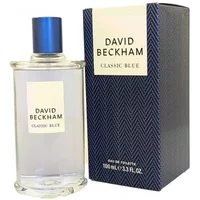 Clear glass bottle with blue cap, labeled "David Beckham Classic Blue," next to matching blue box, 100ml size.