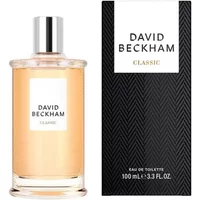 David Beckham Classic Eau De Toilette 100ml, clear bottle with silver cap, black box with white label.