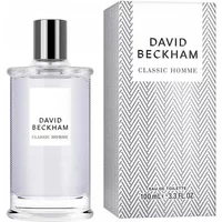 David Beckham Classic Homme Eau De Toilette 100ml, clear glass bottle with silver cap, herringbone box design.