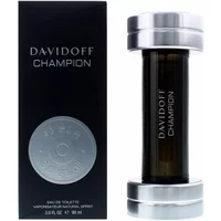 Davidoff Champion Eau De Toilette 90ml, black bottle with silver dumbbell-shaped cap, next to black packaging.