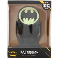 DC Batman Bat-Signal Eau De Toilette 75ml in black bat-signal-shaped bottle with yellow Batman logo in a display box.