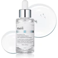 Clear glass bottle with dropper, labeled "Dear Klairs Freshly Juiced Vitamin Drop 35ml," silver cap, liquid inside.