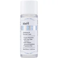 Clear bottle of Dear Klairs Vitamin Essence Toner, 30ml, with white cap and blue label detailing blemish care benefits.