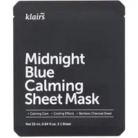 Black packet of Dear Klairs Midnight Blue Calming Sheet Mask with white text and bamboo charcoal sheet details.