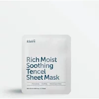 White packet of Dear Klairs Rich Moist Soothing Tencel Sheet Mask with blue text and minimalist design.
