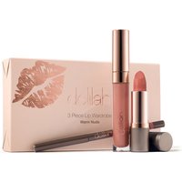 Delilah lip wardrobe set with nude lipstick, gloss, and liner in rose gold packaging, featuring lip print design.