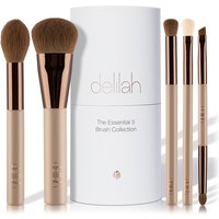Vegan brush set with beige handles, rose gold ferrules, and soft bristles in a white cylindrical case.